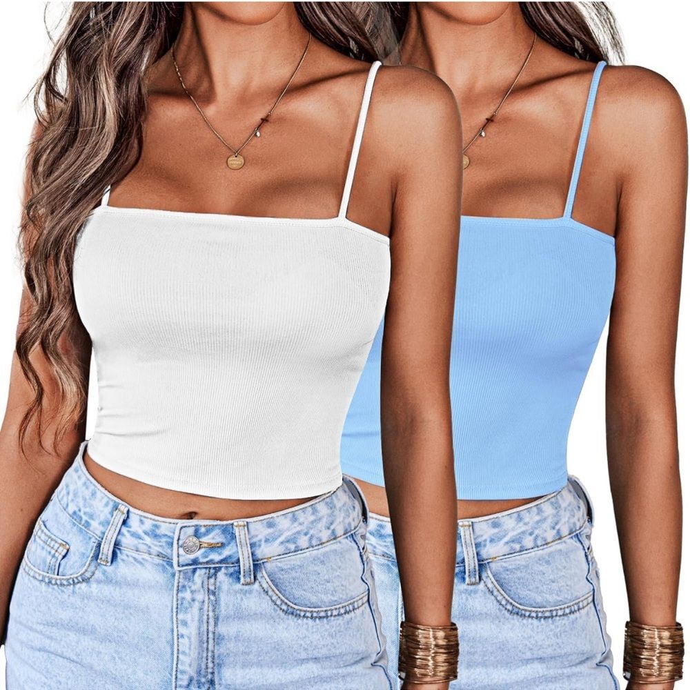 Crop Top Womens L Blue White 2 Pack Tank Cami Summer Y2K Basic Crop Tanks FC2